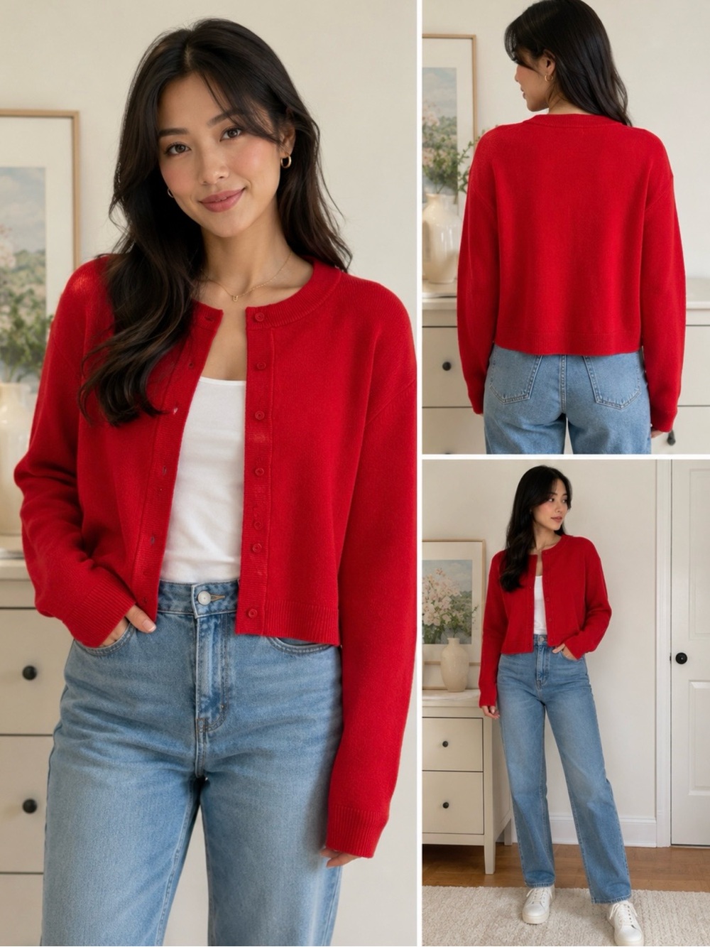 Cropped Red Button-Front Cardigan Sweater